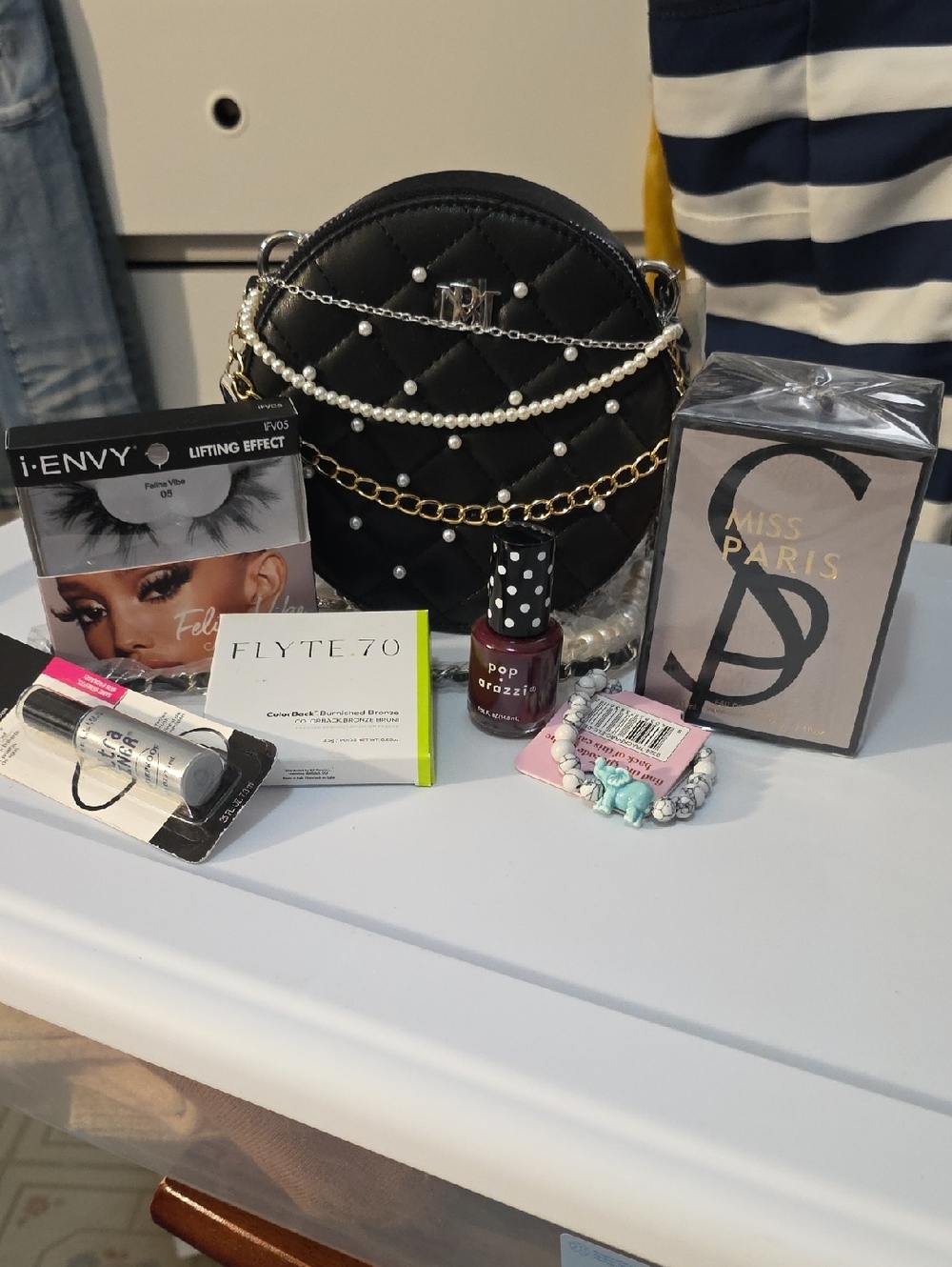 Badgley Mischka Black Quilted Round Crossbody Bag with Pearl & Gold Chain Detail